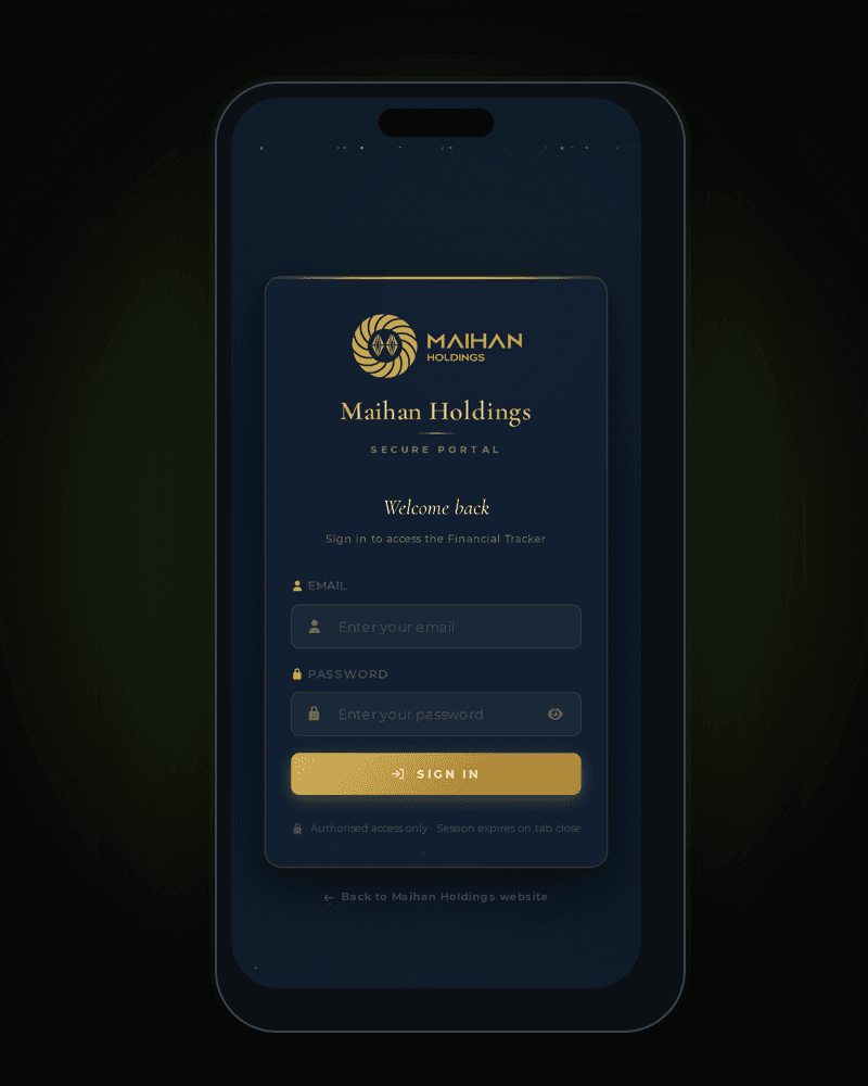 Maihan Financial Tracker, a private client portal, on a phone, built by FKodeLabs