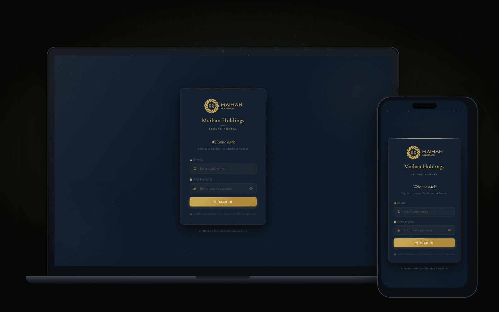 Maihan Financial Tracker, a private client portal, on a laptop and phone, built by FKodeLabs