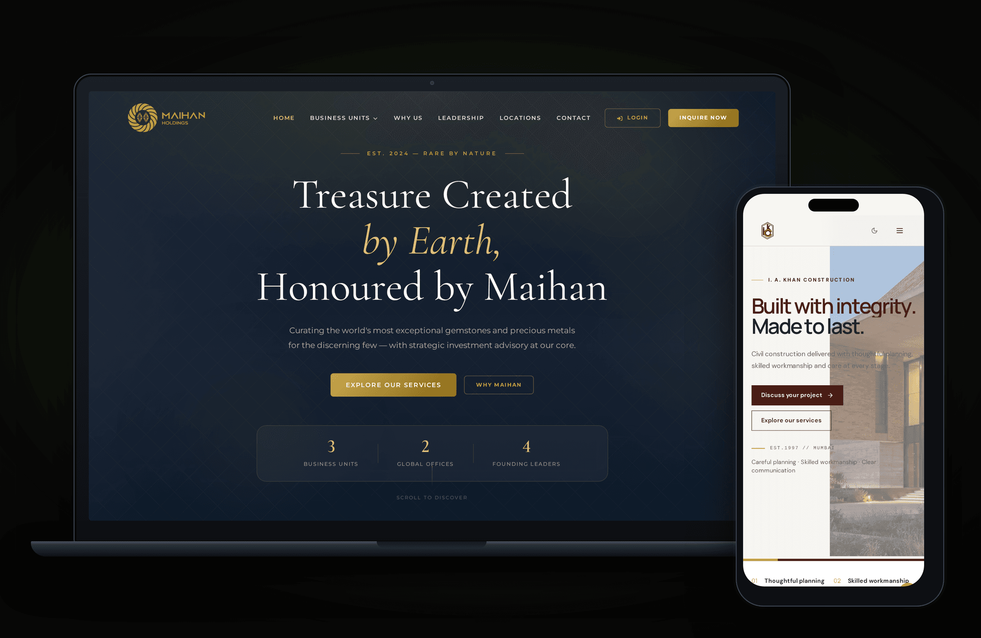 Maihan Holdings website on a laptop and the I. A. Khan Construction website on a phone, built by FKodeLabs