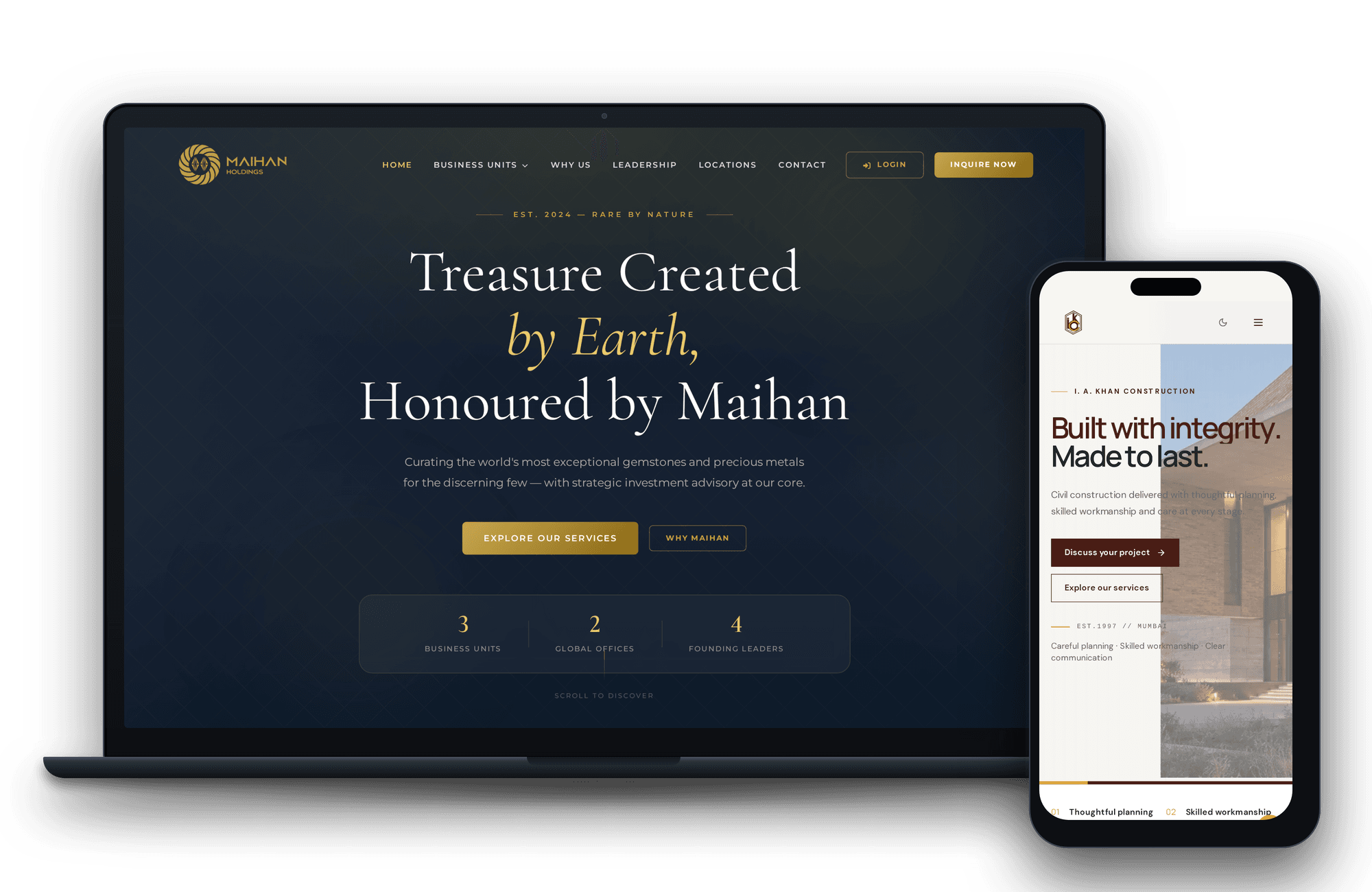 Maihan Holdings website on a laptop and the I. A. Khan Construction website on a phone, built by FKodeLabs