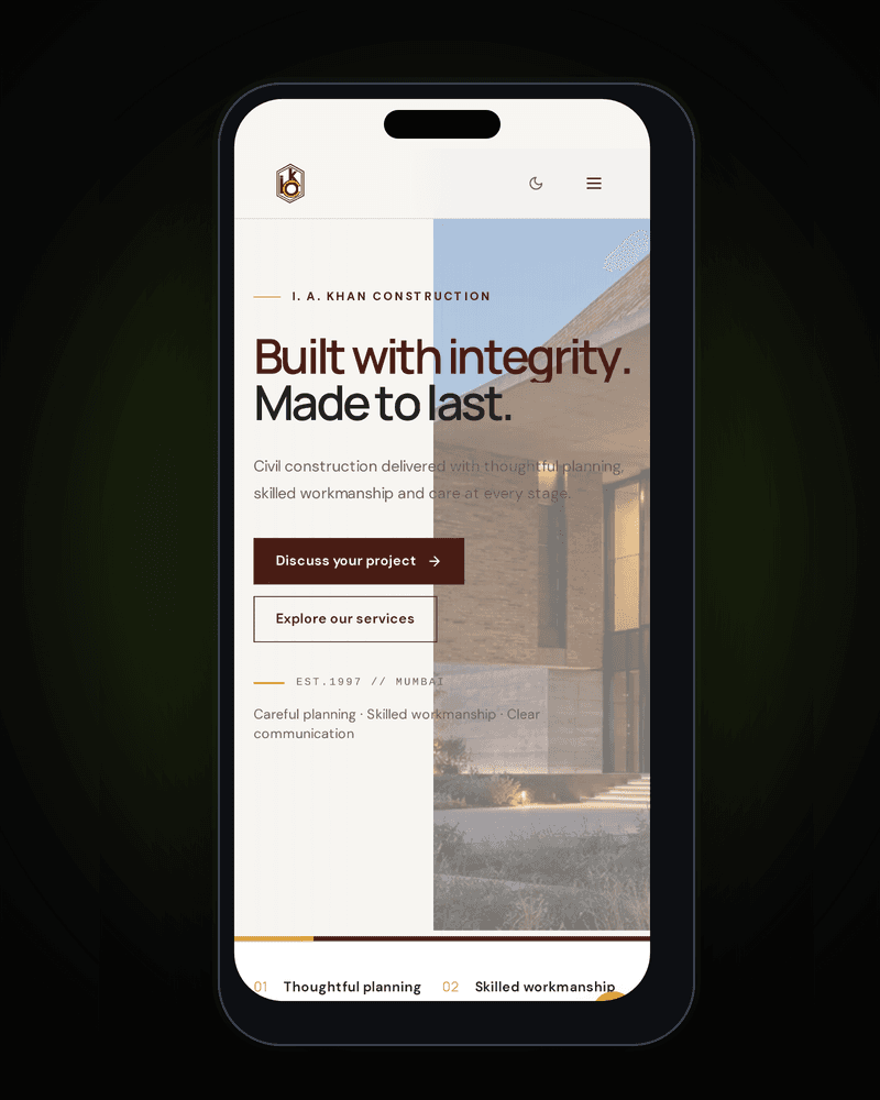 I. A. Khan Construction website on a phone, built by FKodeLabs