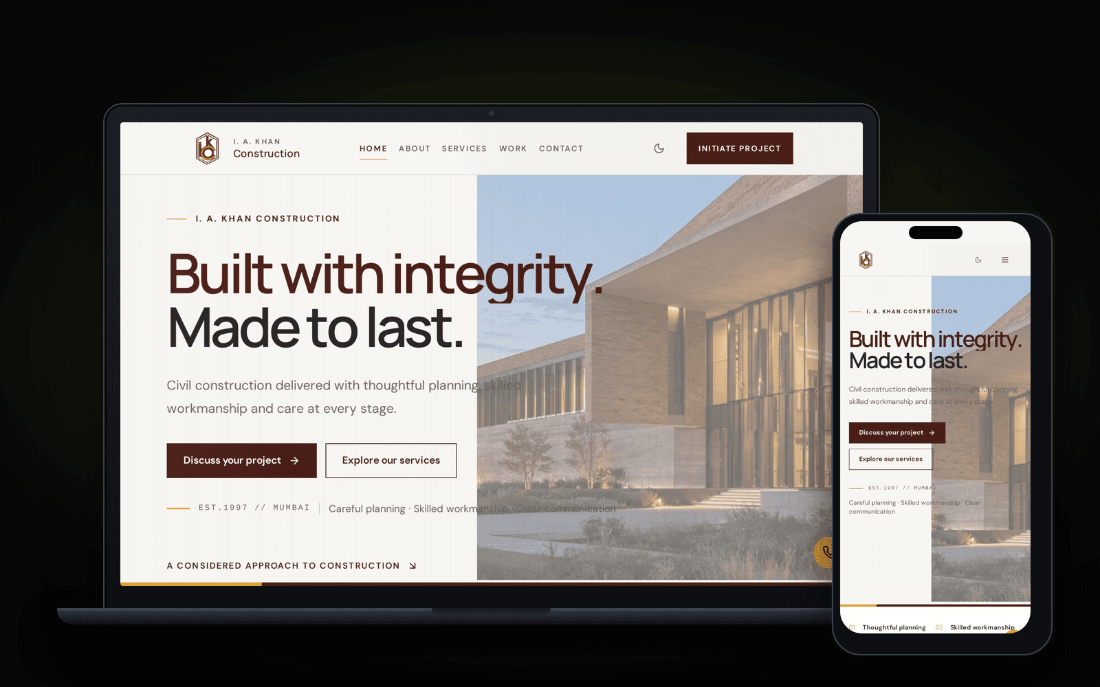 I. A. Khan Construction website on a laptop and phone, built by FKodeLabs