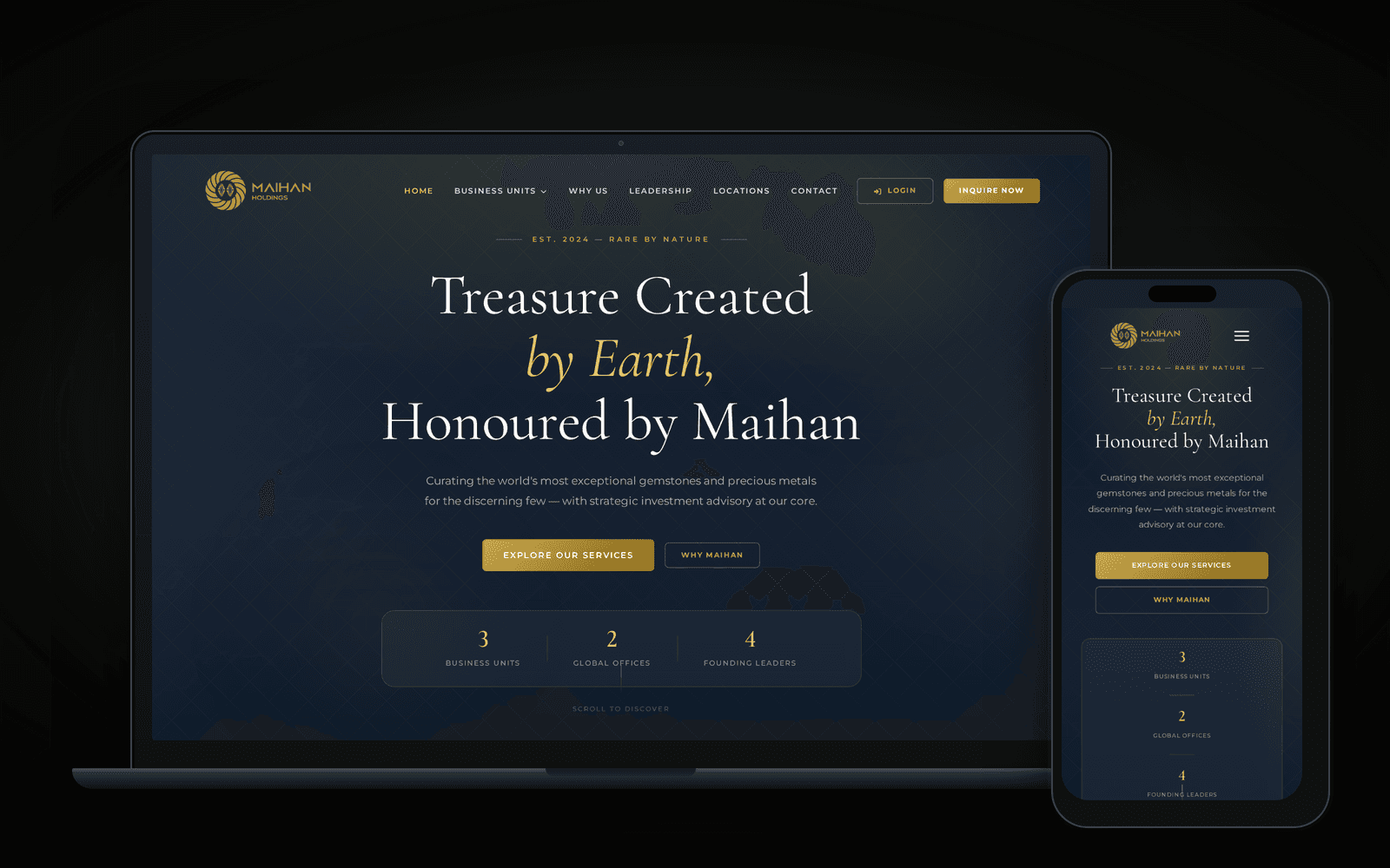 Maihan Holdings website on a laptop and phone, built by FKodeLabs